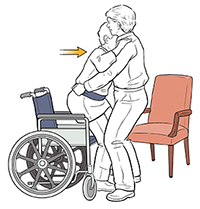 Healthcare provider using gait belt to help patient transfer from wheelchair to chair.