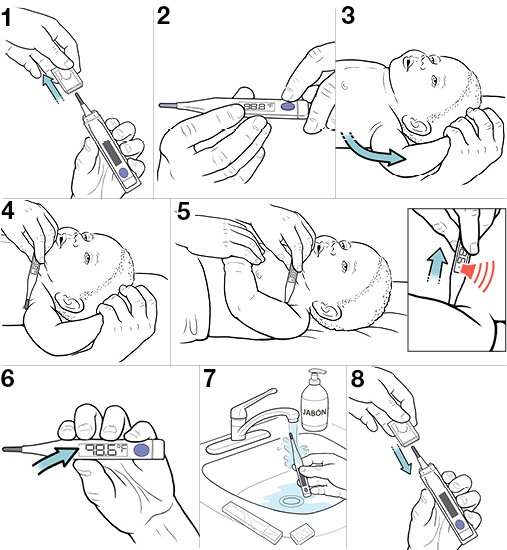 8 pasos para tomarle la temperatura al niño debajo del brazo.