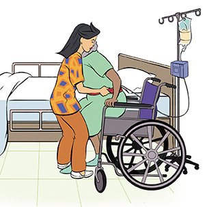 Proveedor de atención médica que usa un cinturón de transferencia para mover al paciente de una cama de hospital a una silla de ruedas.