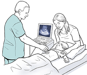 Child lying on exam table. Health care provider is holding ultrasound transducer to child's abdomen and looking at image on monitor. Woman standing nearby.